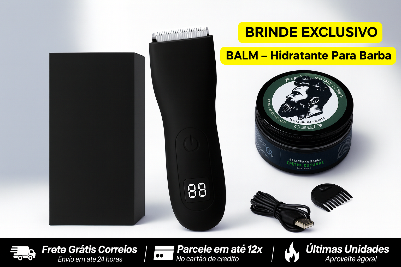 Manchine Plus™ – Aparelho Profissional com Kit Completo: 2 Pentes Extras, Base Recarregável e Escova de Limpeza + BALM - Hidratante Refrescante Para Barba (Brinde)🎁